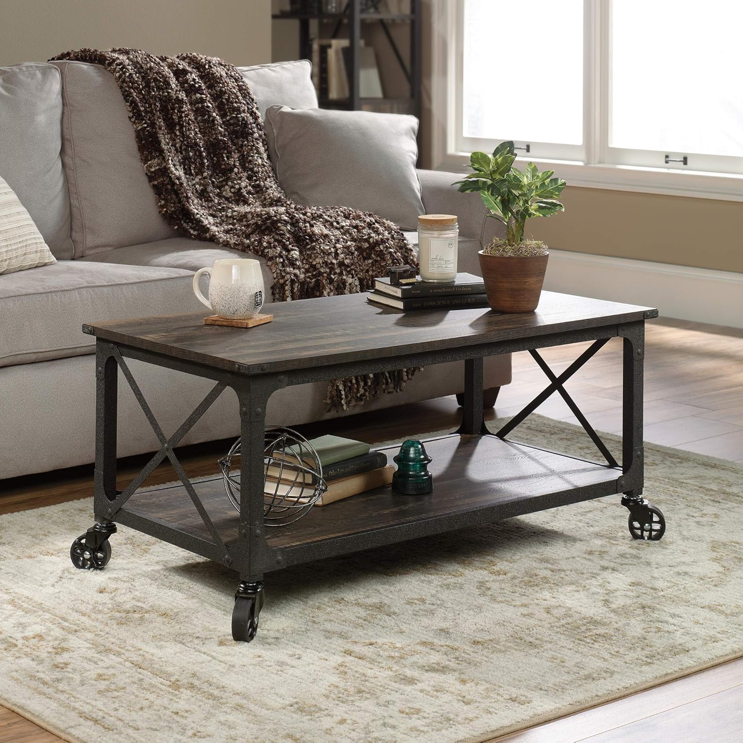 Sauder Steel River Coffee Table, L: 42.91 x W: 24.21 x H: 18.5, Carbon Oak Finish
