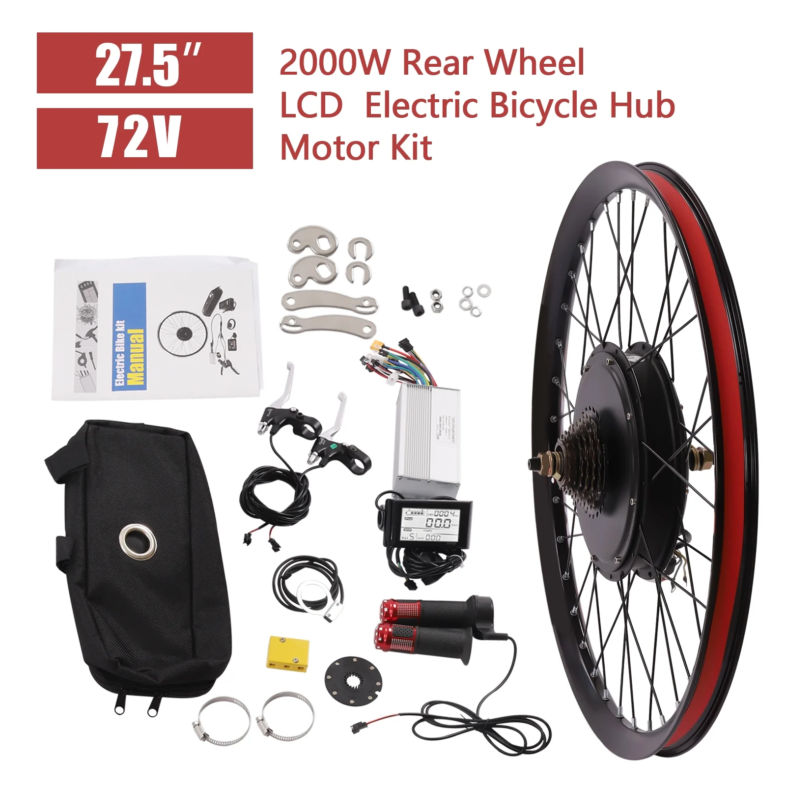 Aiqidi 27.5" Rear Wheel Motor Conversion Kit 72V 2000W Electric Bicycle Wheel Kit LCD Display E-Bike Refitting Set