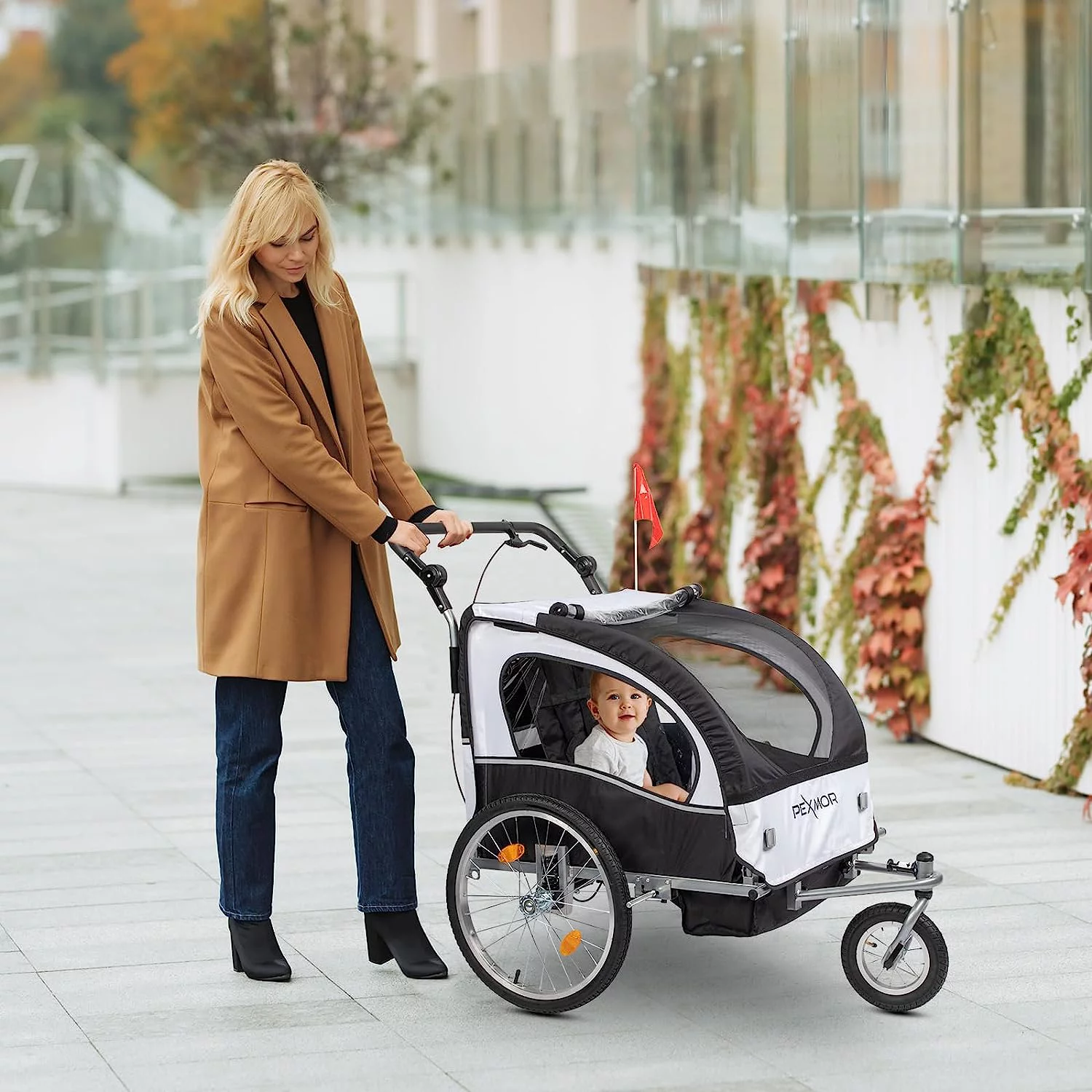 PEXMOR 2-in-1 Bike Trailer for Kids 2 Seat,Child Bicycle Trailer Bike Stroller w/Safety Harnesses & Shock Absorber,Pull Behind Baby Bike Trailer Carrier w/Universal Hitch & 360 Swivel Wheel