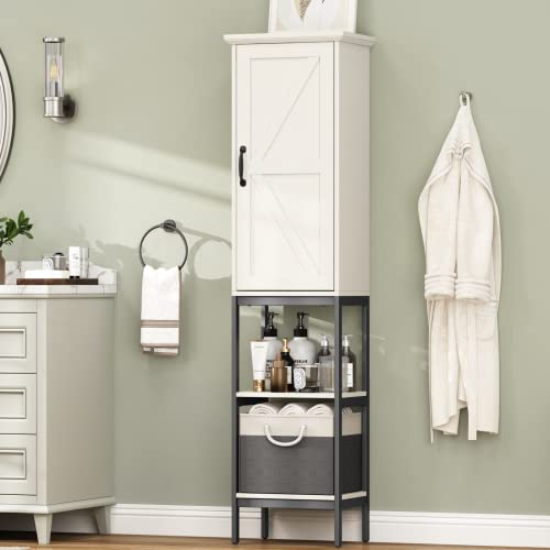 Linen Cabinet, Tall Narrow Slim Storage Cabinet with Storage Basket, Linen Tower with Barn Door and 5 Shelves Freestanding Floor Storage Cabinet for Bathroom Living Room Kitchen (Grey)
