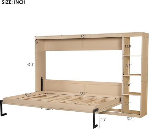 Full Murphy Bed with Storage Shelves,Wood Murphy Bed Cabinet with Storage Bookcase,Fold Up Bed Modern Murphy Wall Bed Full Size (White,Full)