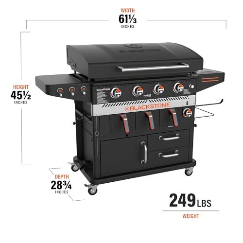 Blackstone 1923 Air Fryer Combo & Four Burners Stainless Steel Gas Hood, Wheels, Two Side Shelf – Heavy Duty Outdoor Griddle Station for Backyard, Patio, 36 inch Black
