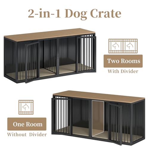 Large Dog Crate Furniture for 2 Dogs, 71.6'' All Steel Frame Dog Crate with Double Doors, Heavy Sturdy Dog Kennel for Small Medium Large Dog, Indoor Double Dog Cage with Wooden Top (White)