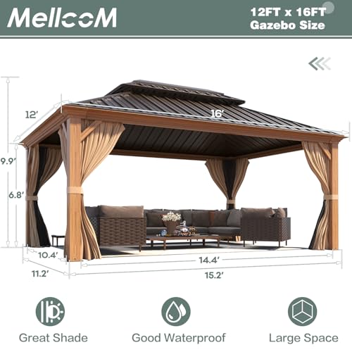 MELLCOM 12'x16' Hardtop Gazebo, Galvanized Steel Metal Double Roof Canopy with Curtains and Netting, Brown Permanent Pavilion Gazebos with Aluminum Frame for Garden, Patio, Lawns, Deck