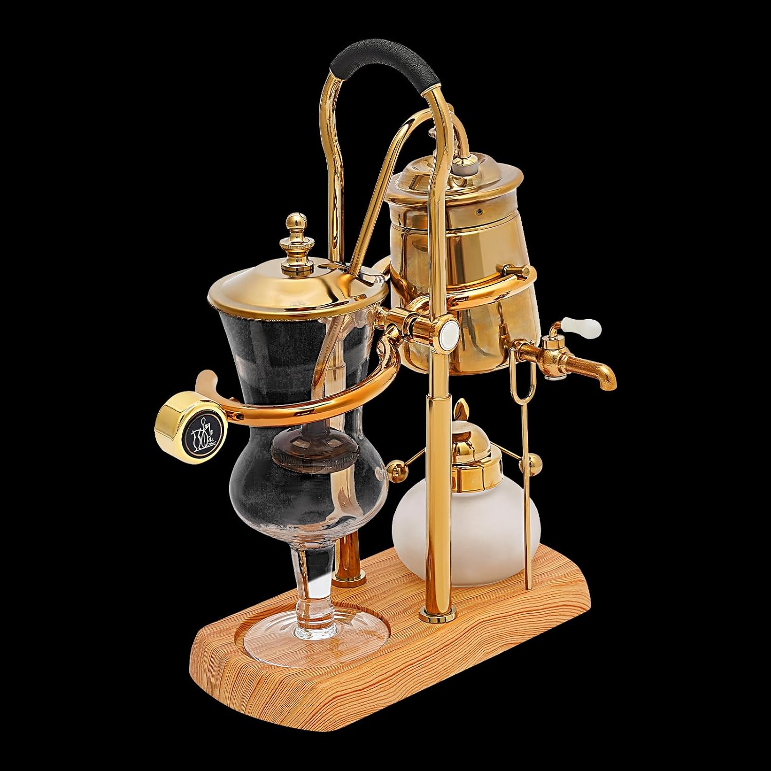 Belgian/Belgium Siphon Coffee Maker, Luxury Royal Family Balance Syphon Coffee Maker Vacuum Brewing System, Double Ridged Fulcrum with Tee Handle, Vintage Classic Retro Luxury Gold