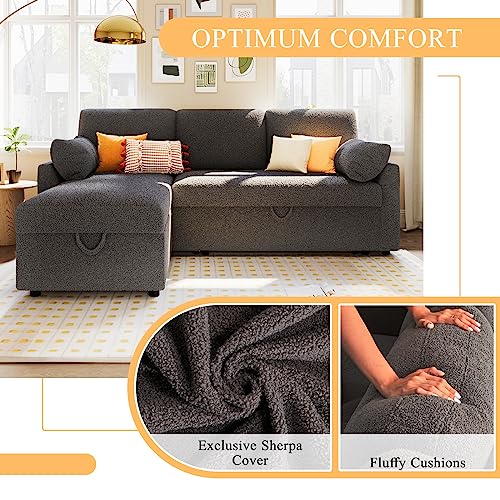 VanAcc Sleeper Sofa, Sofa Bed- 2 in 1 Pull Out Couch Bed with Storage Chaise for Living Room, Beige Chenille Couch