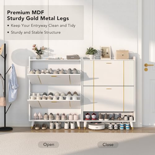 Shoe Storage Cabinet with 3 Flip Drawers, Slim Wooden Freestanding Shoe Cabinet, Hidden Narrow Shoes Rack Organizer for Entryway Hallway Entrance, Holds 28 Pairs, White