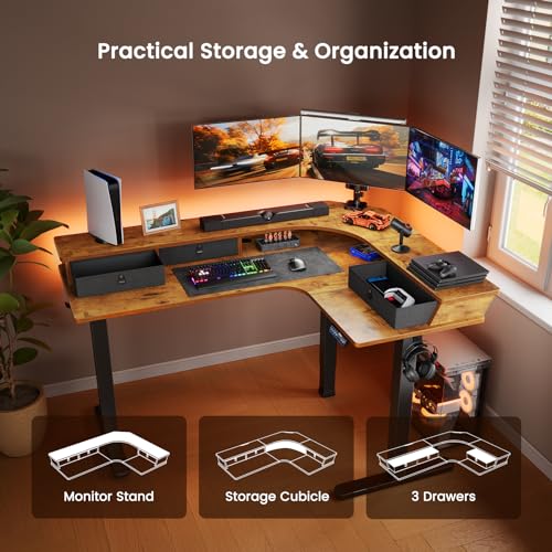 ErGear Electric L Shaped Standing Desk, 65'' Height Adjustable Corner Stand up Desk with Storage Drawers & Cable Management Trays, Modern Home Office Computer Workstation, Black