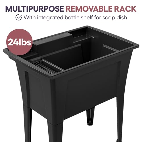Standing Utility Sink with 1-Handle Pull-Down Gooseneck Faucet – 32” Utility Sinks for Laundry Room, Garage, Garden, Basement – Noah William Home Indoor and Outdoor Basement Wash Tub (Black)