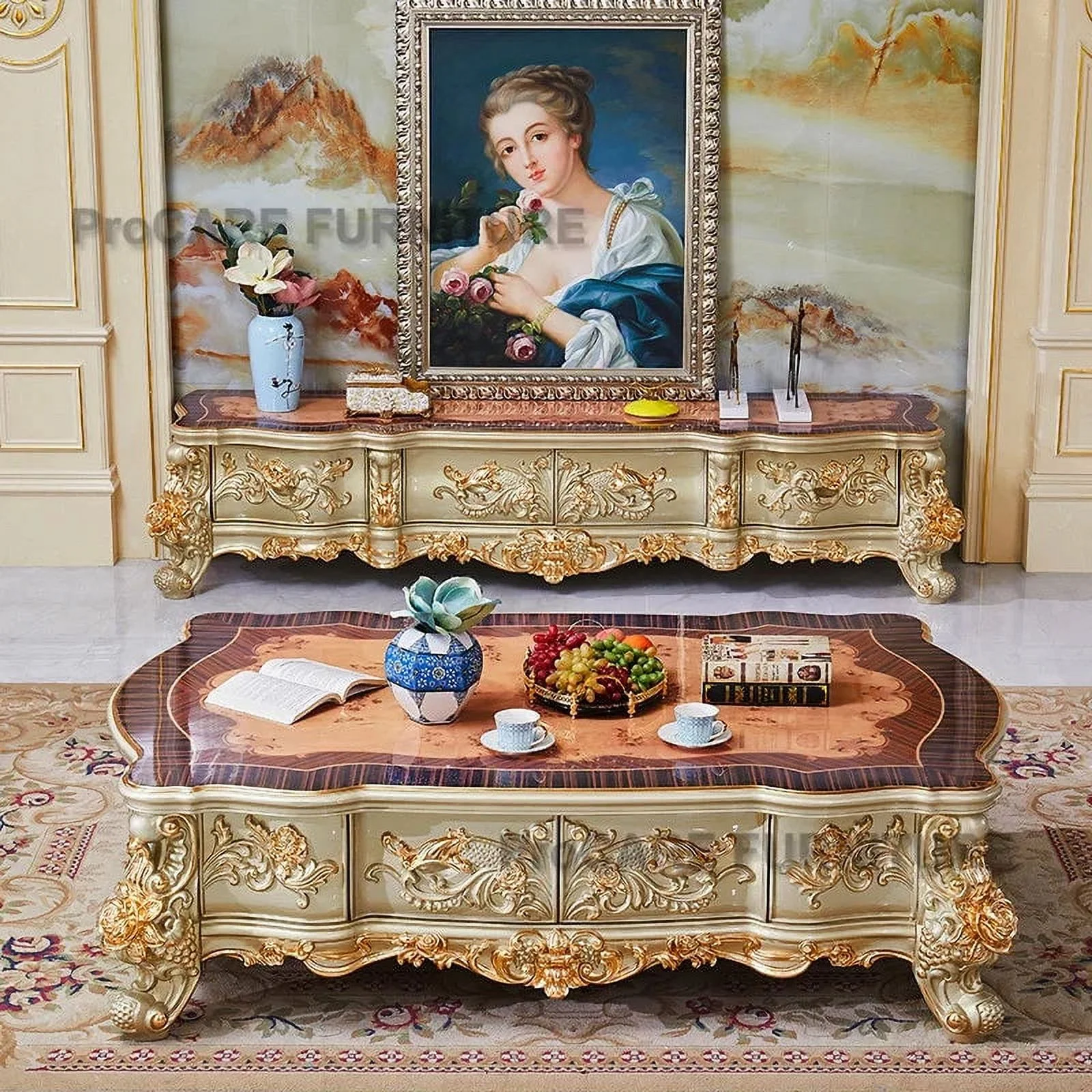 European style villa solid wood tv cabinet living room furniture oak carved golden luxury center table TV cabinet combination