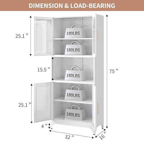 Kitchen Pantry Cabinet with Acrylic Glass Doors, 75" Metal Kitchen Hutch with Countertop, Adjustable Shelves, Freestanding Food Pantry Cabinet for Living, Dining Room, Black, Assembly Required