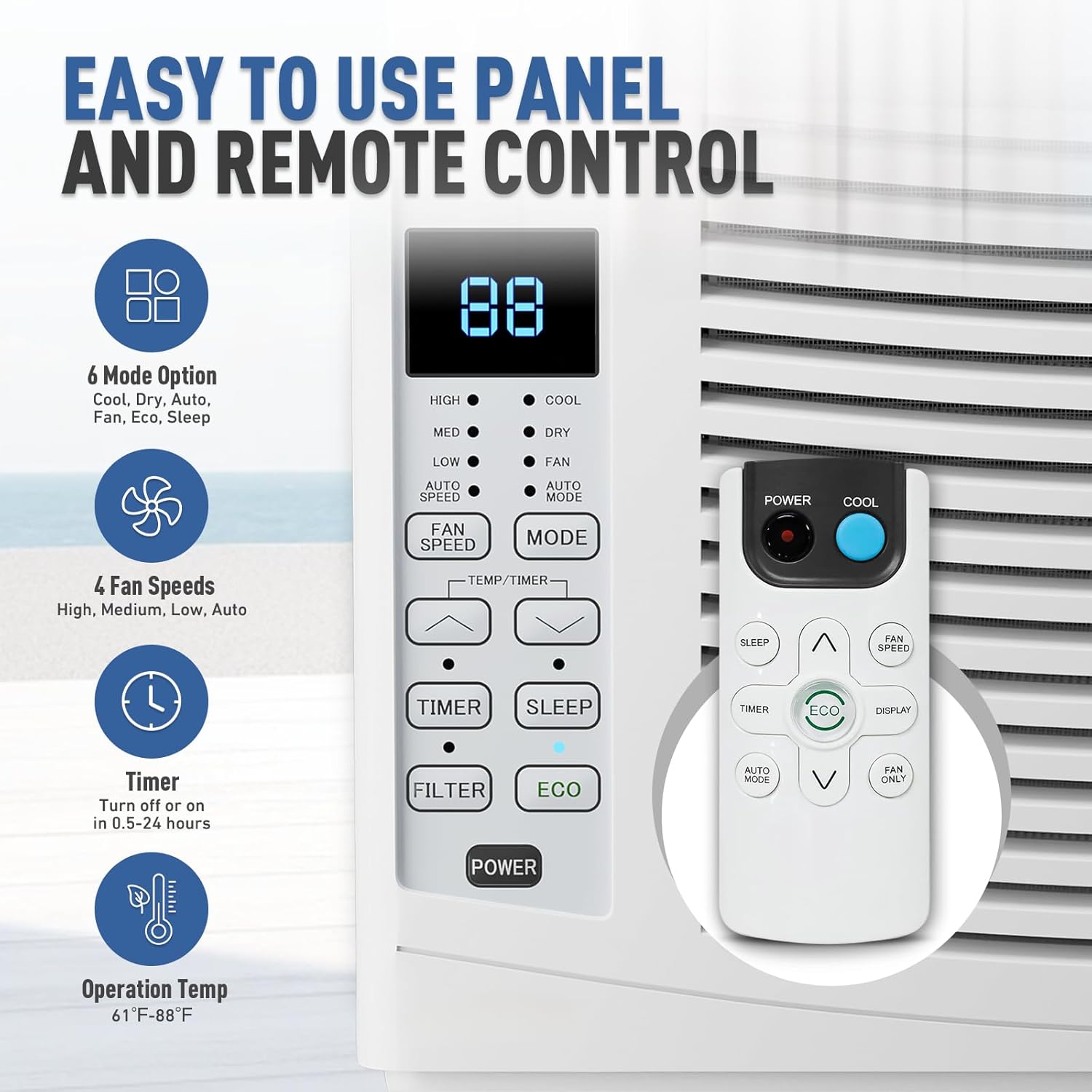 6000 BTU 115V Smart Window AC for Rooms up to 250 sq.ft. Quiet Operation Window-Mounted AC Unit with Remote Control, Dehumidifier, Washable Filter and Timer for Bedroom Living Room