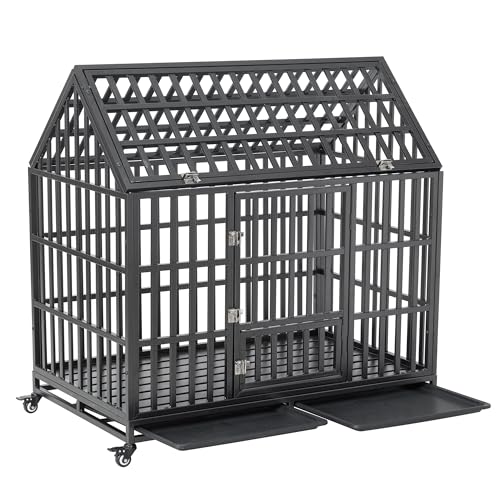 Heavy Duty Dog Crate, Indestructible Metal Dog Kennel with Pointed Roof Lockable Wheels for Medium Large Dogs, with Sturdy Door Lock and Removable Trays, Roof Top Access,48 inch