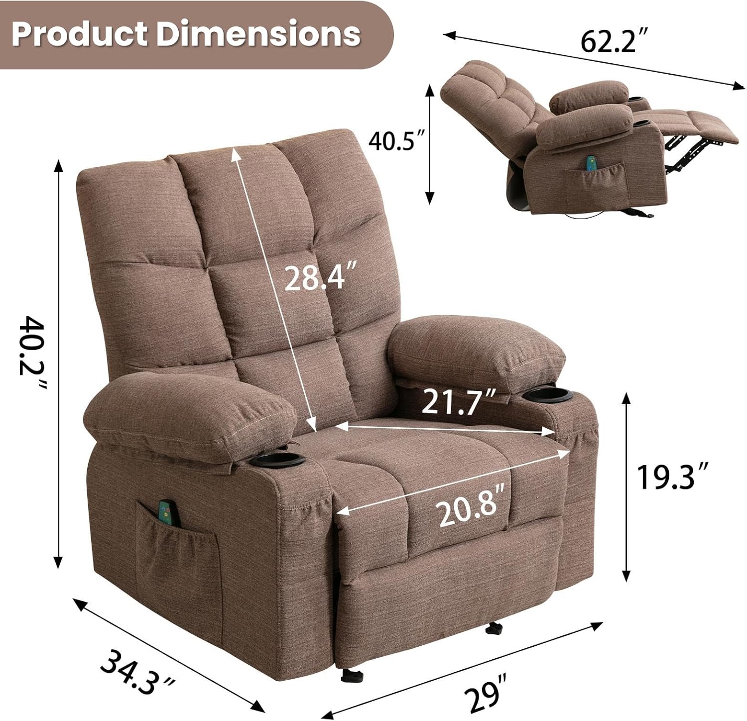 Boy Lazy Recliner Chair for Adults & Elderly with 8 Points Power Massage & Lumbar Heated - Modern Adjustable Manual Fabric Recliner Sofa with Lay Flat 150° 2 Cup Holders Side Pockets,Brown