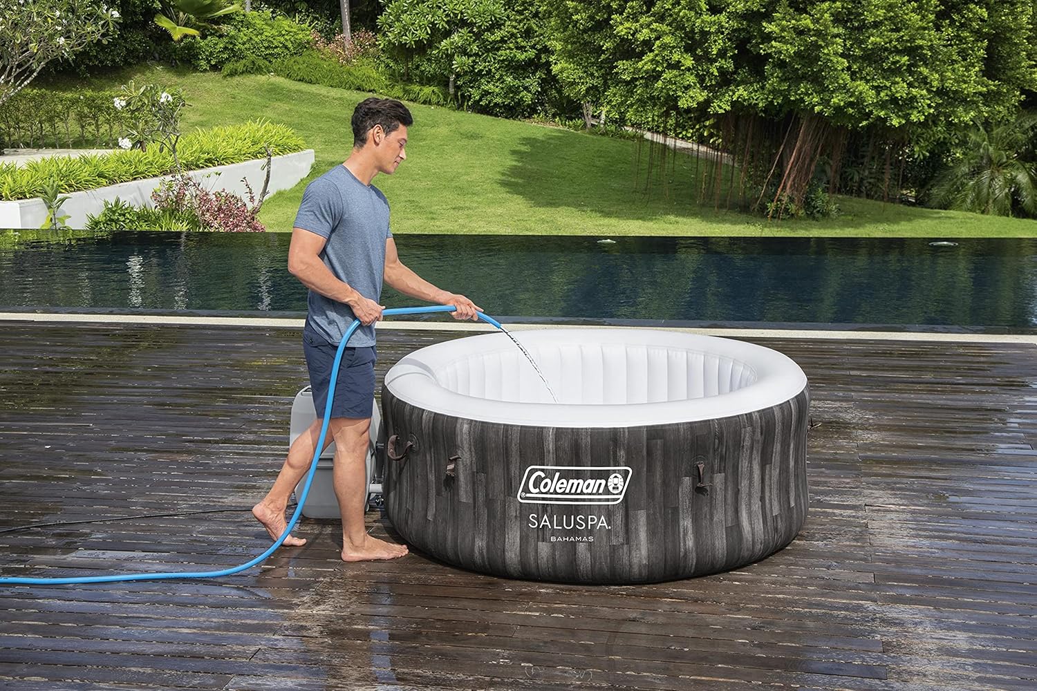 Inflatable Coleman 90455 SaluSpa Bahamas 71-Inch x 26-Inch 4 Person Outdoor Portable Hot Tub Spa with 120 Air Jets, Pump, 2 Filter Cartridges, and Tub Cover