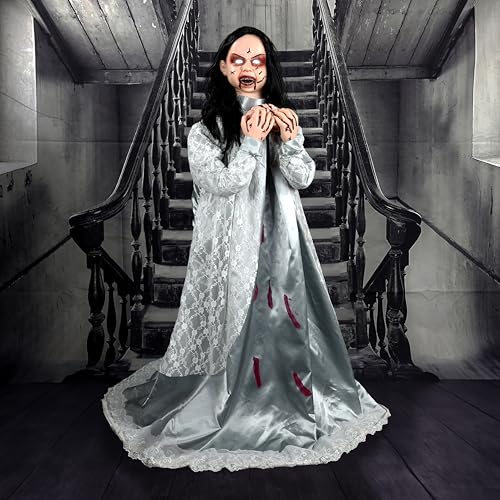 Haunted Hill Farm Life-Size 2.9-Ft Animatronic Gravely Granny by Tekky Halloween Decoration with Motion-Activated Sounds