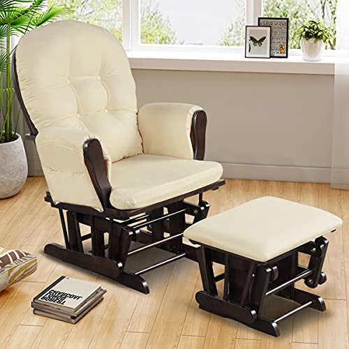 Costzon Nursery Glider with Ottoman, Upholstered Comfort Glider Rocker with Padded Cushion, Storage Pocket, Solid Wood Base, Rocking Chair Nursery for Breastfeeding, Maternity, Napping (Brown)