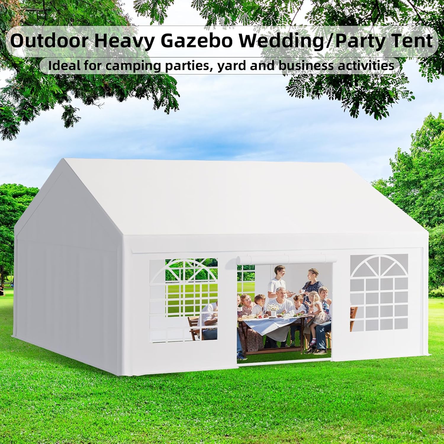 Acekool 20 x 20 FT Outdoor Party Tent Canopy Wedding Patio Camping Gazebo Shelter Pavilion Cater Wedding BBQ Events Tent w/Removable Sidewalls & 3 Storage Bags, White