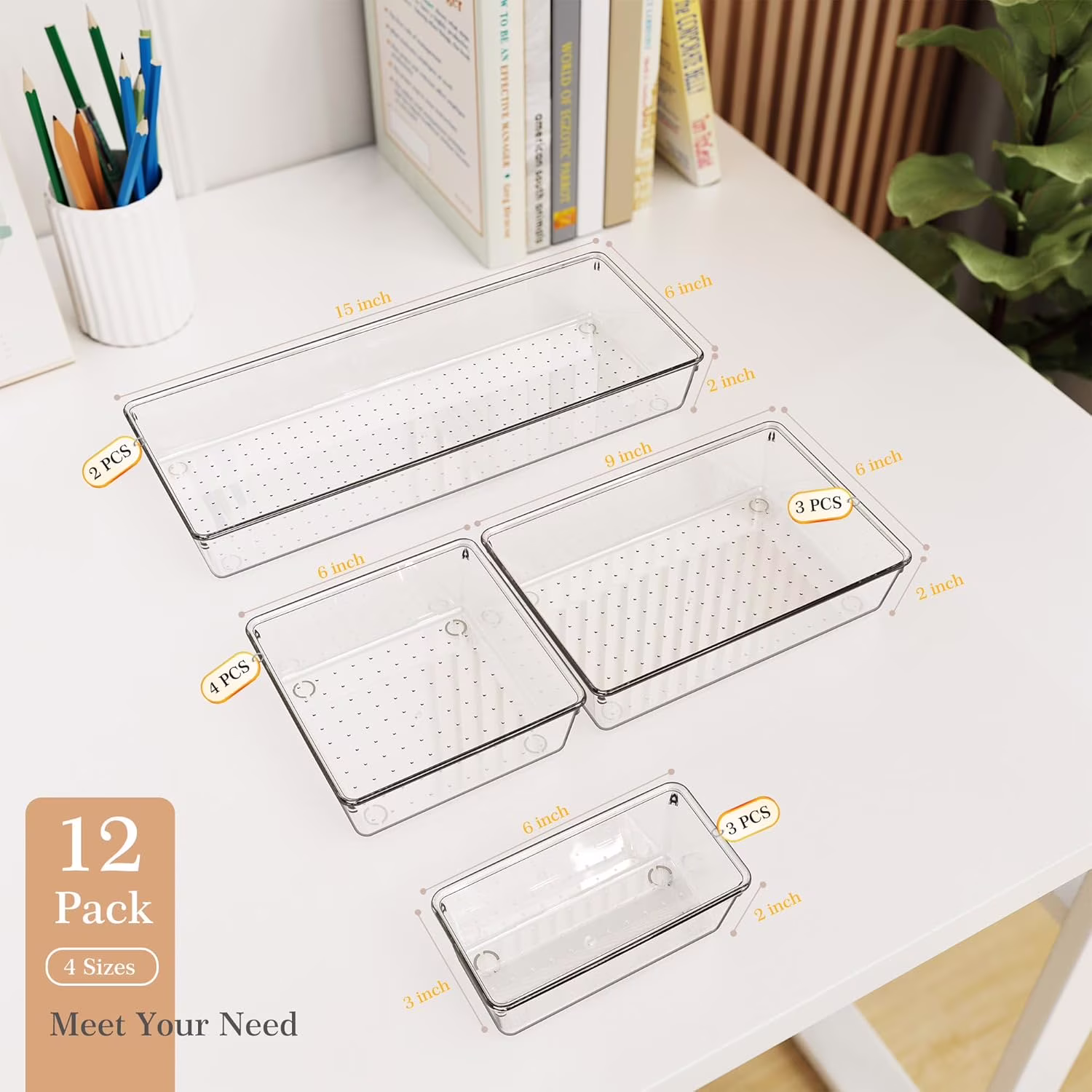 Drawer Organizer, 12 Pack Clear Plastic Kitchen Drawer Organizers Set, 4-Size Versatile Bathroom and Vanity Organizer Trays, Storage Bins for Makeup, Bathroom, Jewelries and Office