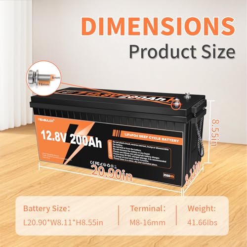 12V 300Ah LiFePO4 Lithium Battery, Built-in 200A BMS with 6000+ Deep Cycles Rechargeable 3840Wh Lithium Battery for RV Solar Marine Solar Panel Camping