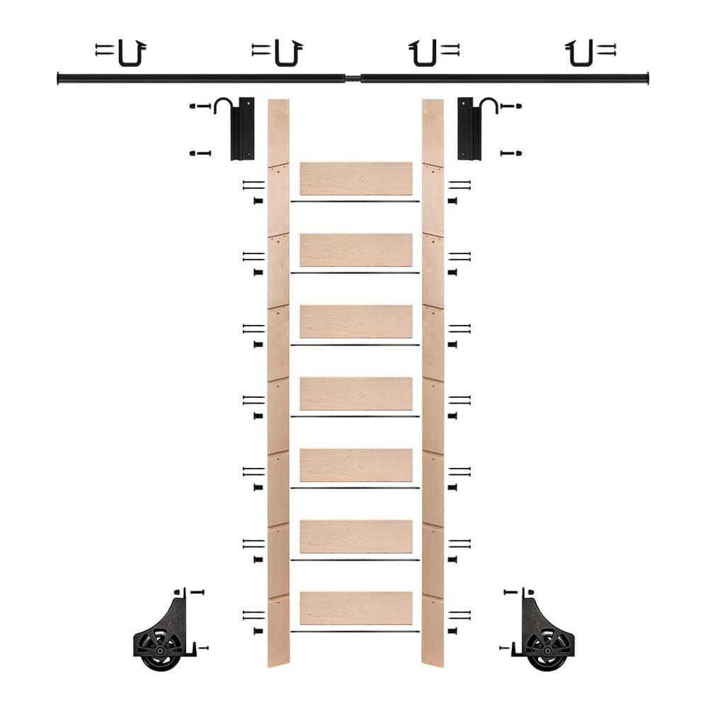 E-Glide 92 in. Clear Pre-Finished Maple Library Ladder Black Sliding Hook Ladder Kit with 8 ft. Rail | EG.300-92MA-08.08-PF