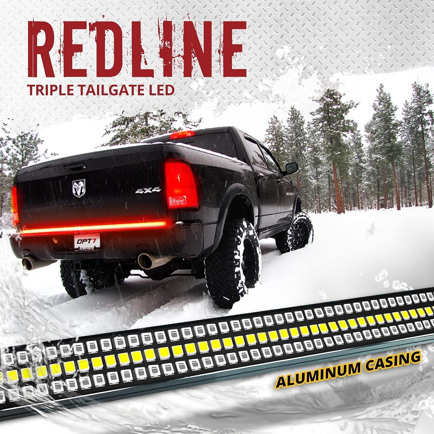 OPT7 60" Redline Triple LED Tailgate Light Bar w/Sequential RED Turn Signal - 1,200 LED Solid Beam - Weatherproof No Drill Install - Full Function Reverse Brake Running