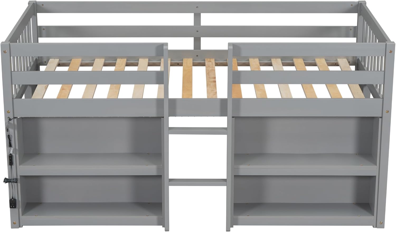 LED Twin Size Low Loft Bed for Kids,Twin Loft Bed with Storage Shelves,Kids Low Loft Bed Frame with LED Light,Space Saving, Grey