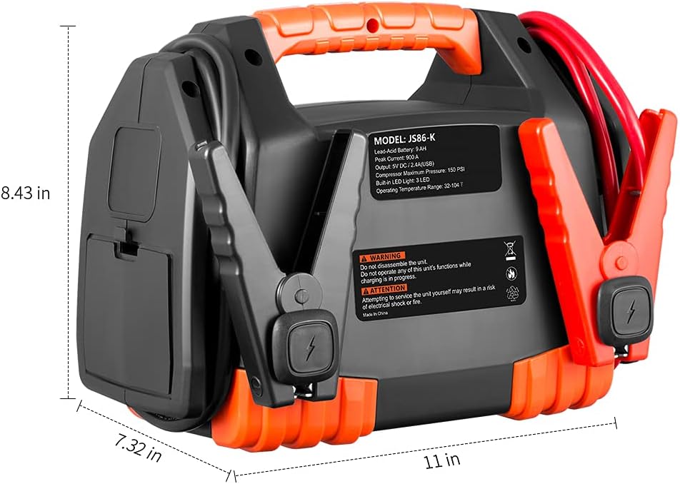 Kinverch Portable Car Jump Starter 1000 Peak Amp 12-Volt with 1-USB 1-12V Power Ports & 150 PSI Air Compressor