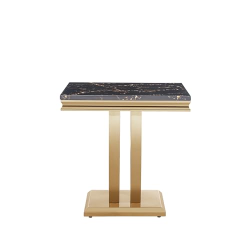 Modern Luxury Faux Marble End Table with Polished Silver Stainless Steel U Base Square White Marble Side Table Elegant Small Bedside Table for Living Room Bedroom Office