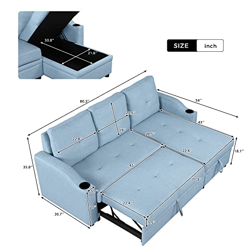 80.3" Pull Out Sofa Bed Modern Padded Upholstered Sofa Bed, Linen Fabric 3 Seater Couch with Storage Chaise and Cup Holder, Small Couch for Small Spaces Primary Living Room Sectionals