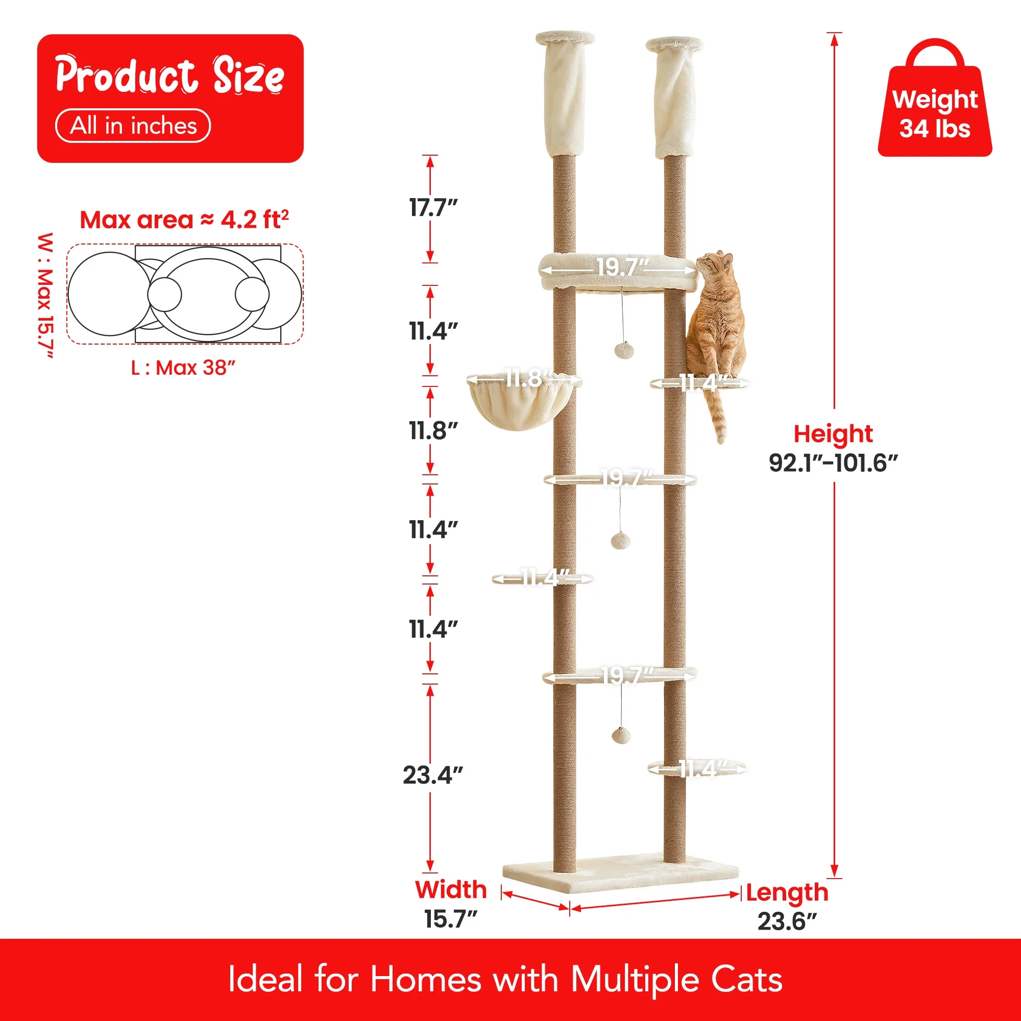 Furcato 92.1"-101.6" Adjustable Height Cat Tree, Floor to Ceiling Cat Tower, 7 Tiers Cat Climbing Tree with Hammock, Fully Sisal Scratching Posts for Indoor Cats, Beige