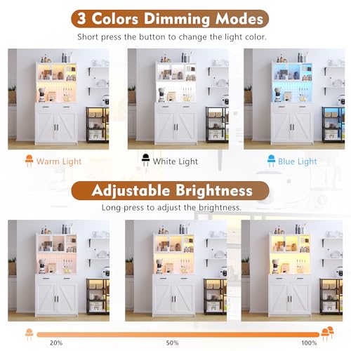 LED Kitchen Pantry Cabinet with Outlets, Farmhouse Storage Cabinet with Drawers & Adjustable Shelves, 64" Cupboard with Pegboard and Hooks for Dining Room (White)
