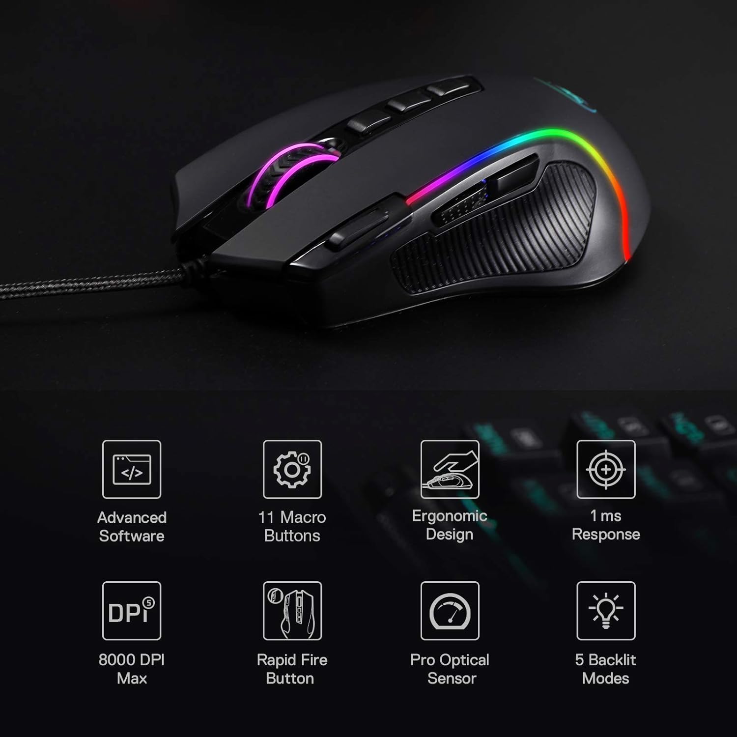 Redragon M612 Predator RGB Gaming Mouse, 8000 DPI Wired Optical Gamer Mouse with 11 Programmable Buttons & 5 Backlit Modes, Software Supports DIY Keybinds Rapid Fire Button Pack of 2