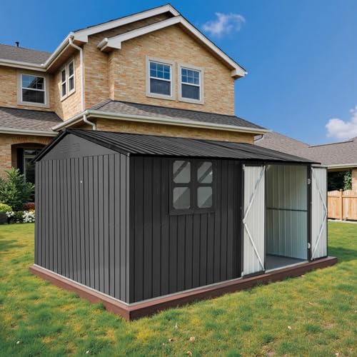 10' x 8' Large Outdoor Storage Shed, Sturdy Metal Building w/Windows & Lockable Doors for Garden, Backyard, Poolside and Lawn, Grey