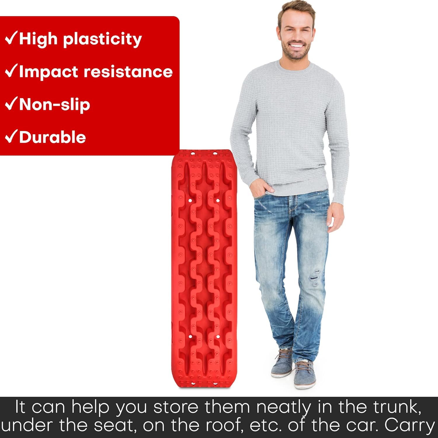 YIYITOOLS Recovery Traction Tracks 2 Piece, Tire Traction Mats for Off Road Mud Sand Snow, 4WD Tire Ladder Lift Mat for Cars Trucks SUVs Vehicle Extraction, Red