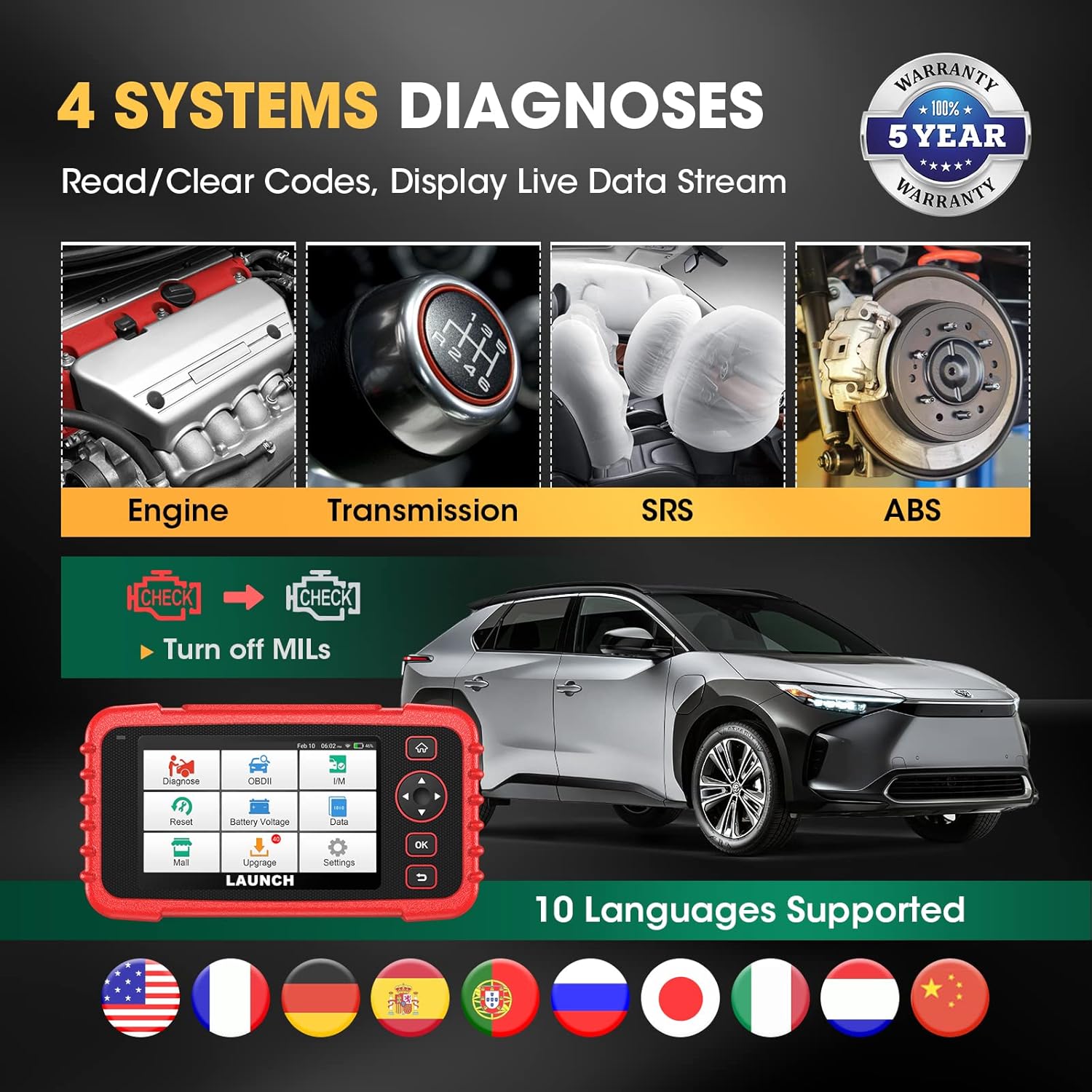 LAUNCH CRP129X OBD2 Scanner for Car, 2022 Scan Tool ABS SRS Transmission Car Check Engine Code Reader, Diagnostic Scanner for Oil/EPB/SAS/TPMS Reset, Throttle Matching, Auto VIN, Free Online Update