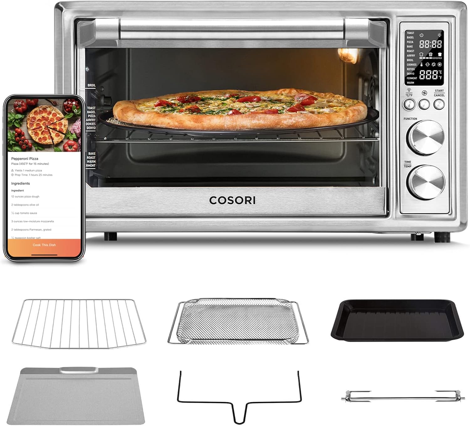 COSORI Air Fryer Toaster Oven Combo 12 Functions Smart 30L Large Countertop Dehydrator Christmas gift, 13" pizza, 100 Recipes & 6 Accessories Included, Work with Alexa CS130-AO, WIFI-Black