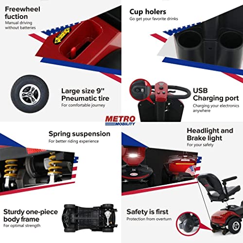 Outdoor Compact Mobility Scooter for Seniors, Foldable Electric Powered Mobile Wheelchair with Powerful USB Port & Two Cup Holder 300 LBS Max Weight, Collapsible & Compact for Travel with Family, Red