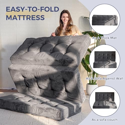 MAXYOYO Tri-Fold Mattress, 6 Inch Tufted Folding Mattress Full Foam Bed, Foldable Floor Mattress Guest Bed Mattress Topper Portable Camping Sleeping Bed with Corded Fabric, Black, 53"x75"