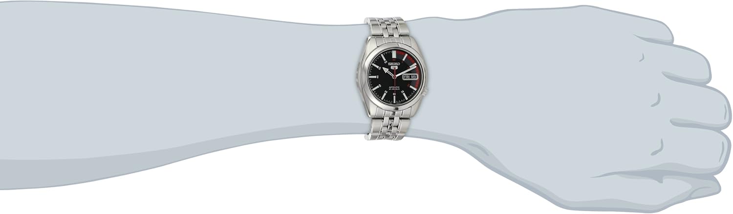 SEIKO SNK375 Automatic Watch for Men 5-7S Collection - Striking Black Dial with Day/Date Calendar, Luminous Hands, Stainless Steel Case & Bracelet