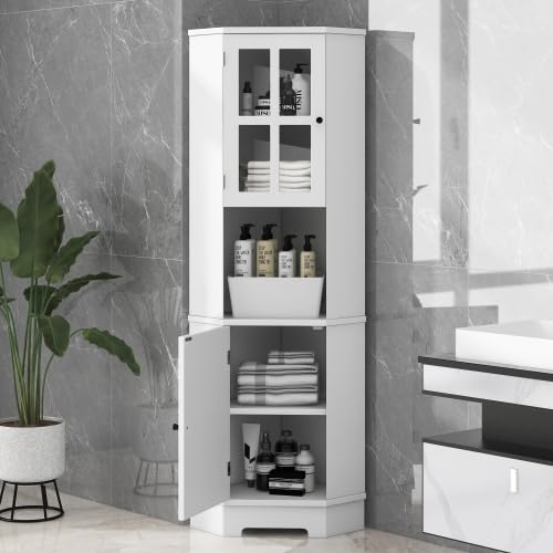 Tall Corner Cabinet,Free Standing Corner Storage Cabinet with Adjustable Shelves and Doors,Open Storage for Bathroom Kitchen Living Room White