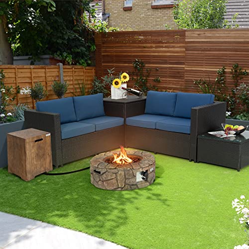 Tangkula 28 Inch Round Propane Gas Fire Pit, Patiojoy 40,000 BTU Stone Look Outdoor Propane Fire Pit with Lava Rocks & PVC Cover, Faux Stone Gas Fire Pit Table for Patio, Courtyard, Garden (Brown)
