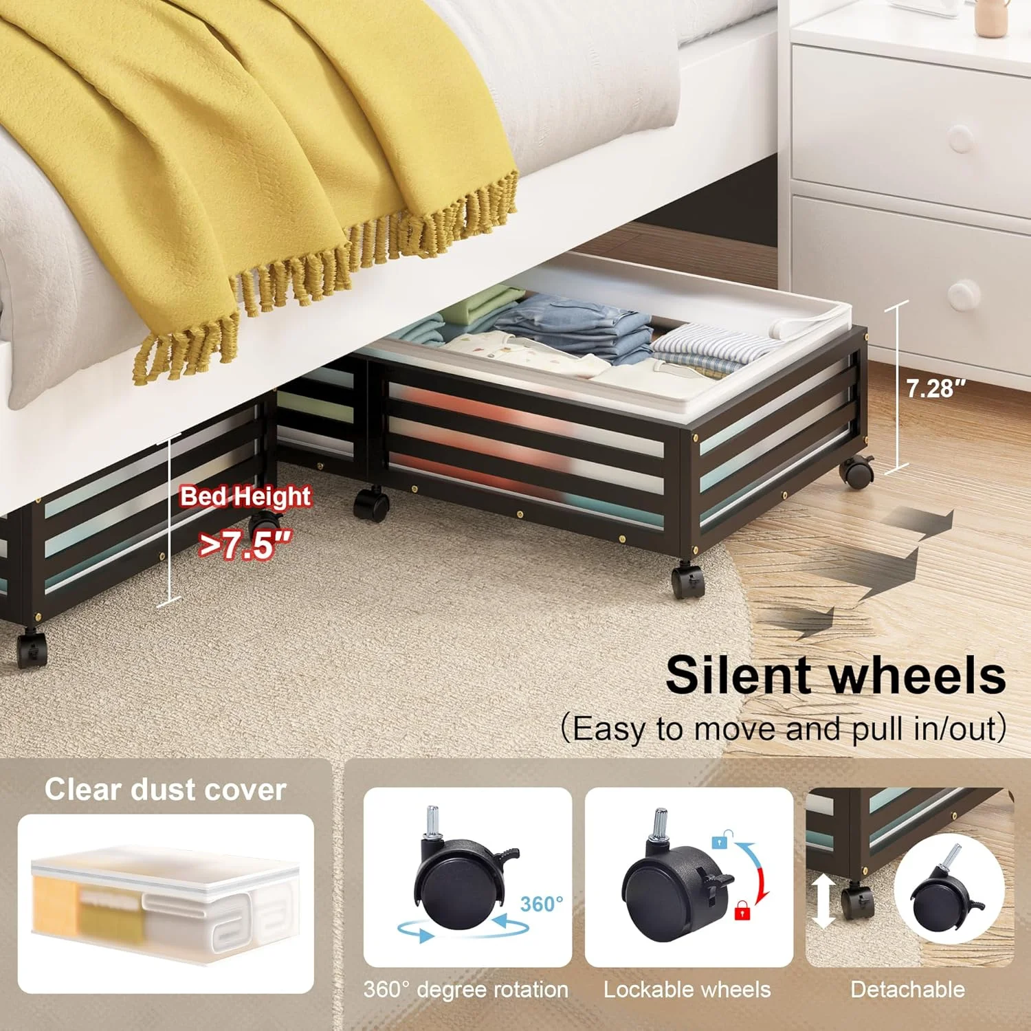 Under Bed Storage Containers With Wheels - 2 Pcs Bamboo Wood Rolling Underbed Shoe Storage Bins With Dust Bags for Clothes Blankets, Duvet Covers Snacks Toys (Walnut)