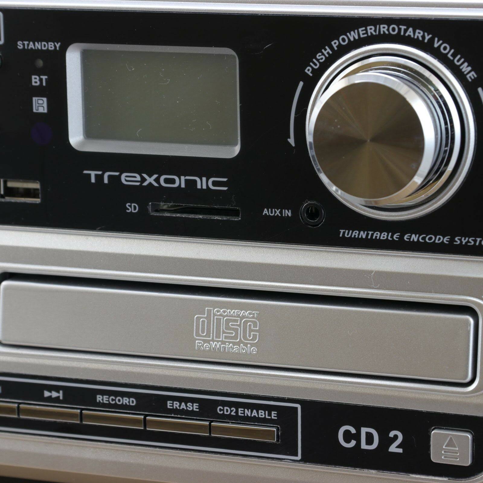 Trexonic 3-Speed Turntable with CD Player, CD Recorder, Cassette Player, Wired Shelf Speakers, FM Radio u0026 CD-USB-SD Recordin