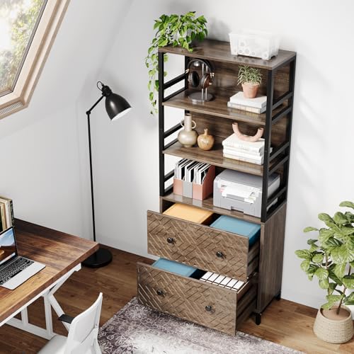 Tribesigns 2-Drawer File Cabinet, Vertical Lateral Filling Cabinet for Letter Size/A4 Size, Printer Stand with 3 Open Storage Shelves for Home Office (Brown)