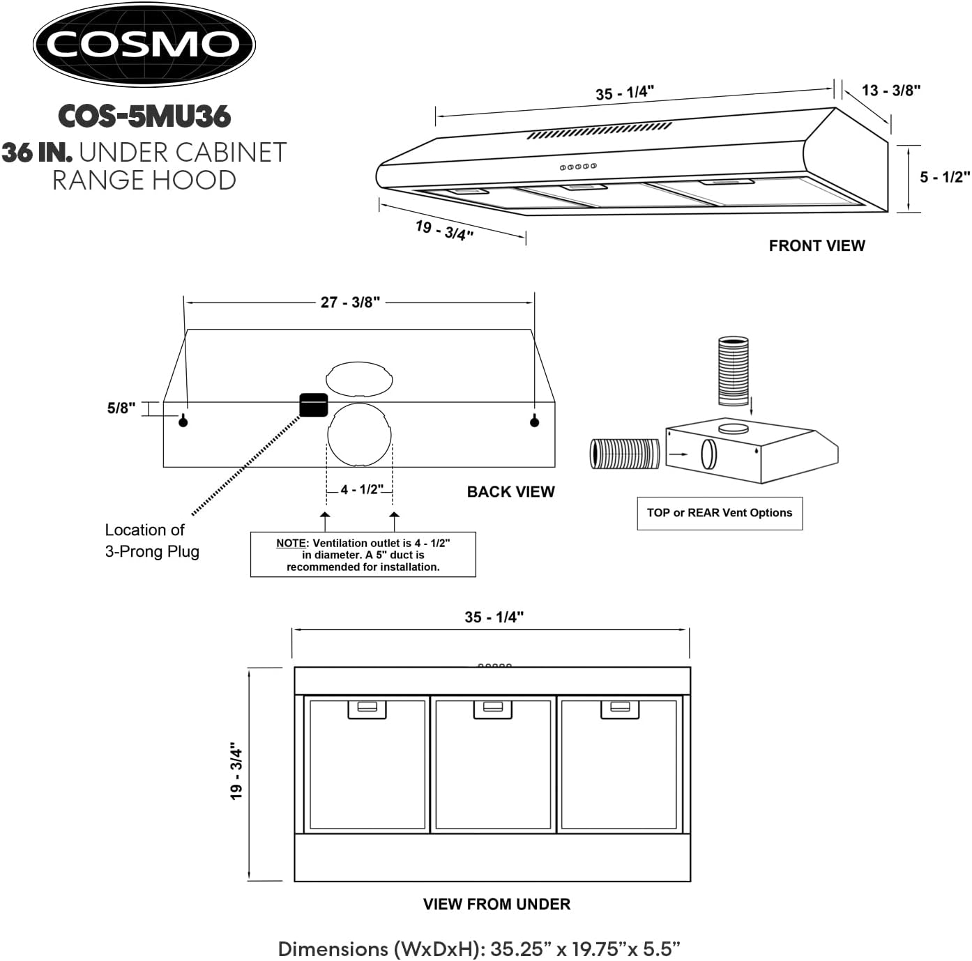 Cosmo COS-5MU36 36 in. Under Cabinet Range Hood Ductless Convertible Duct, Slim Kitchen Stove Vent with 3 Speed Exhaust Fan, Reusable Filter and LED Lights in Stainless Steel, 36 inch
