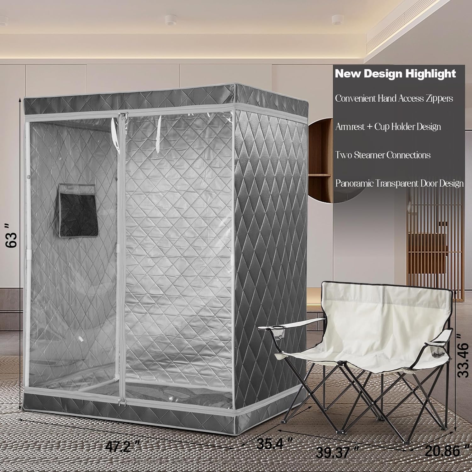 Full Size 2 Person Sauna Tent, Portable Steam Sauna Tent for Home, 2 Person Foldable Lightweight, Full Body Portable Sauna Tent for Home, 2 Person Foldable Chair, Steamer Not Included (Grey)