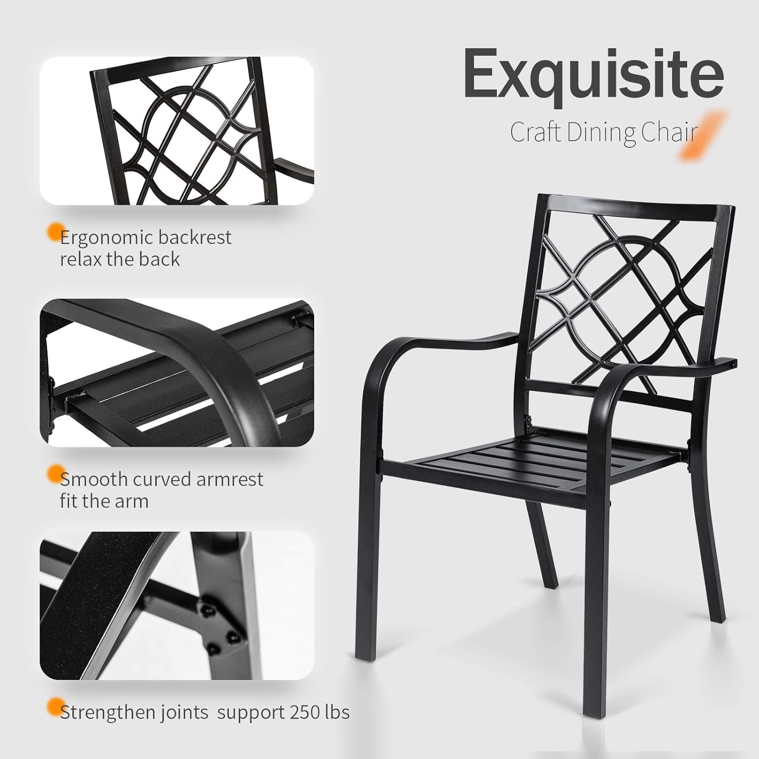 SUNCROWN 5-Piece Outdoor Wrought Iron Chairs and Table Patio Dining Furniture Set - 4 Stackable Metal Chairs and 1 Square Steel Slat Bistro Table with 1.57" Umbrella Hole for Backyard Garden Deck