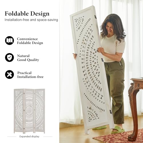 Room Divider Wood Carved Wall Divider Indoor Folding Bohemian Style Portable Partition Screen for Home Office Garden Terrace - 6 Panels (Antique, White-Washed)