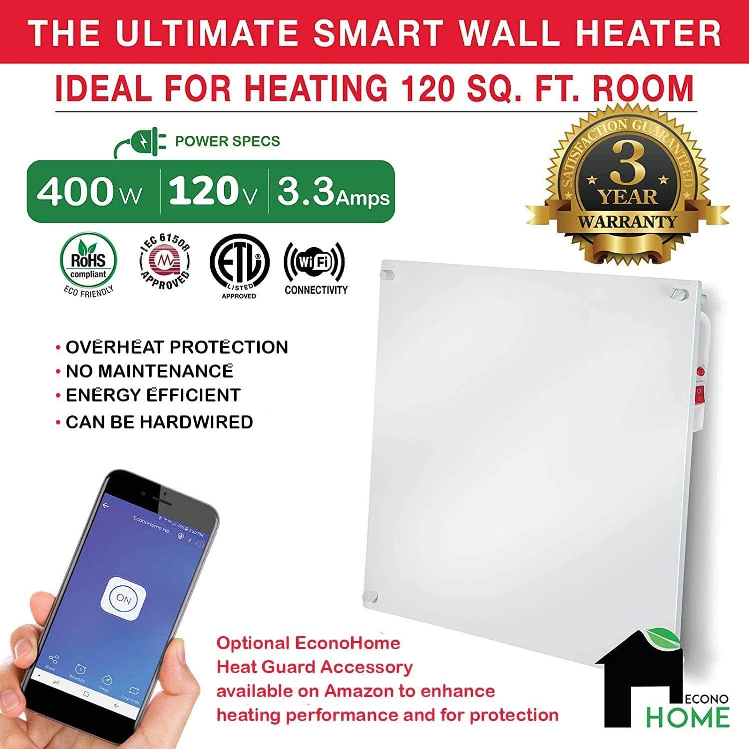 EconoHome Wall Mount Smart Space Heater Panel - Pairs with eWeLink App - 400W Convection Heater - For 120 Sq Ft Room - 120V - Save On Your Home Heating Costs - Overheat Protection